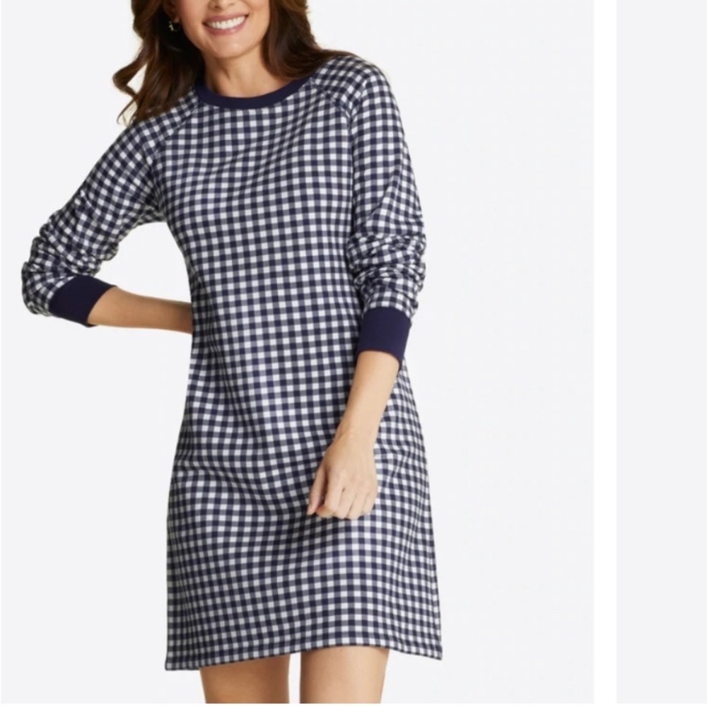 Draper James "Natalie" sweatshirt style navy gingham long sleeve dress